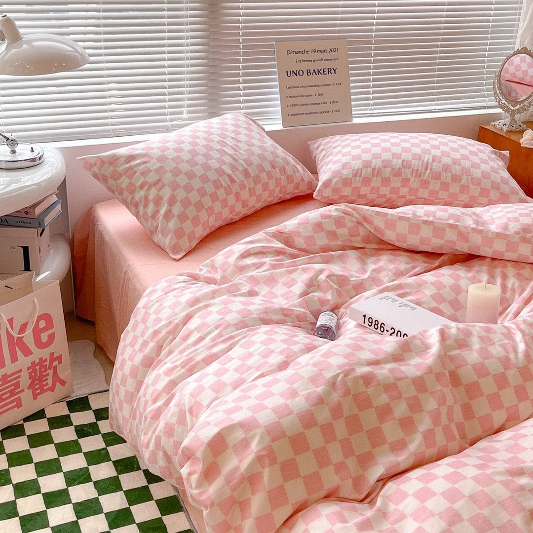 Pink Danish Aesthetic Check Pattern Bedding Set