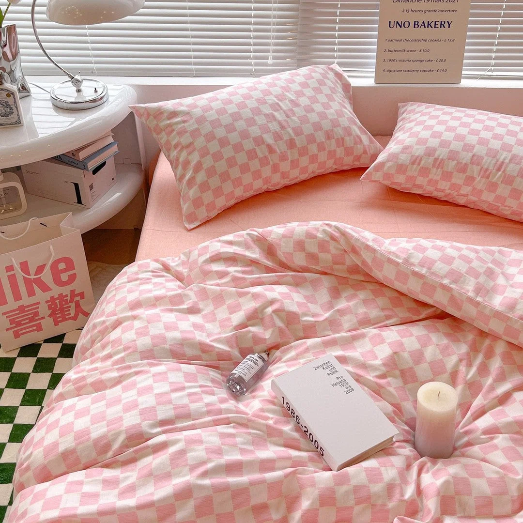 Pink Pastel Danish Aesthetic Check Pattern Bedding Set