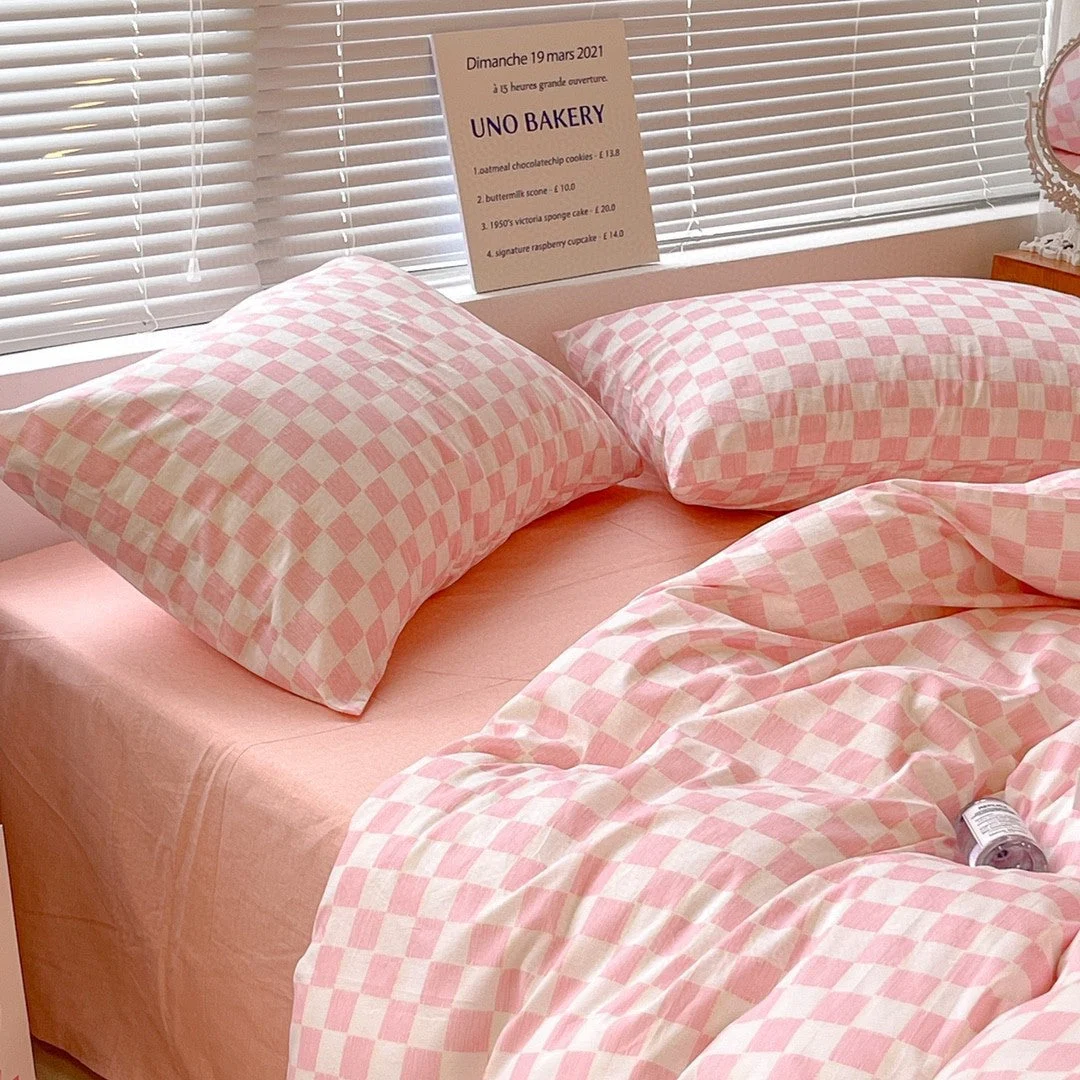 Danish Aesthetic Check Pattern Pink Pastel Bedding Set