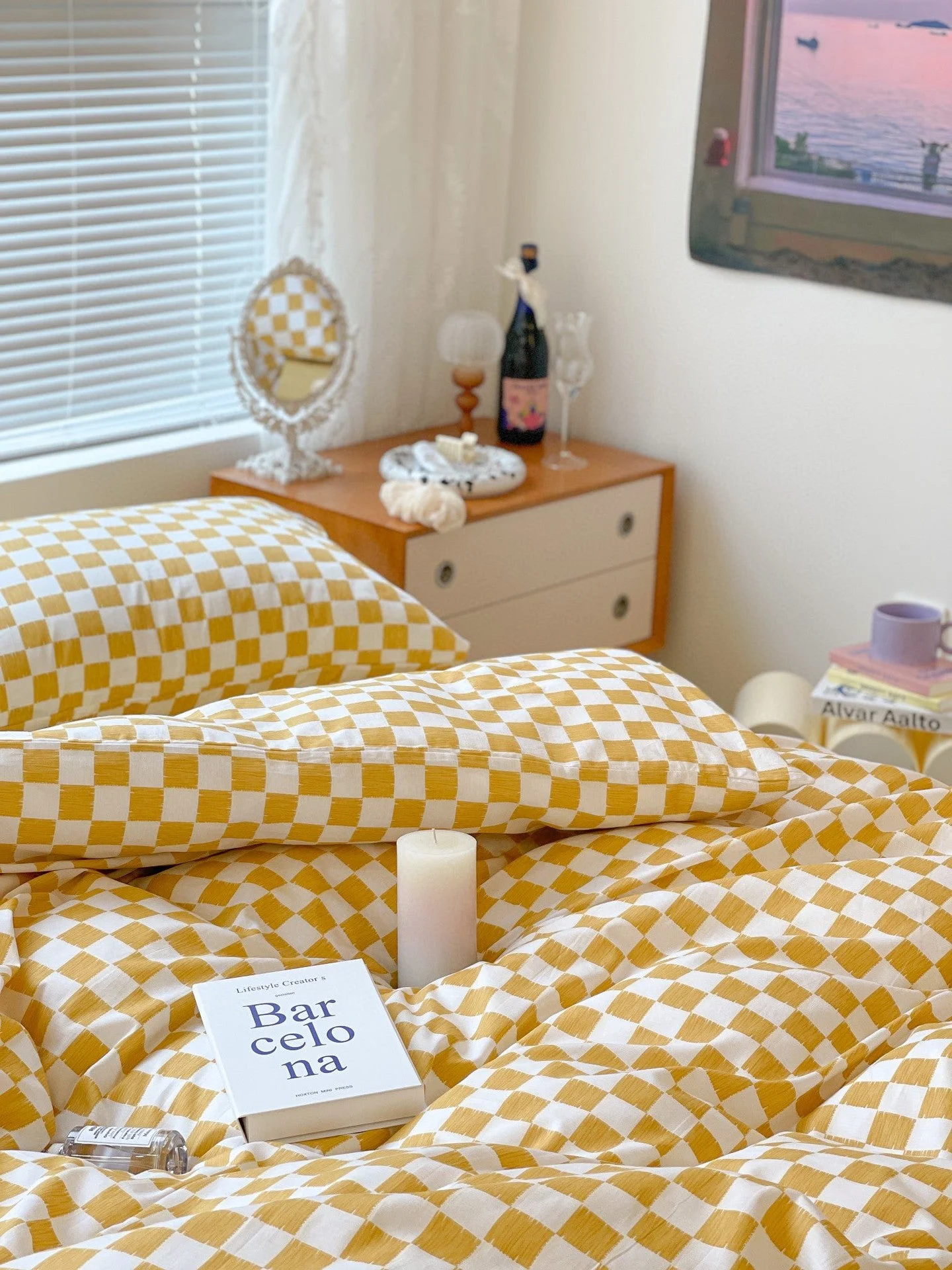 Yellow Danish Aesthetic Check Pattern Bedding Set