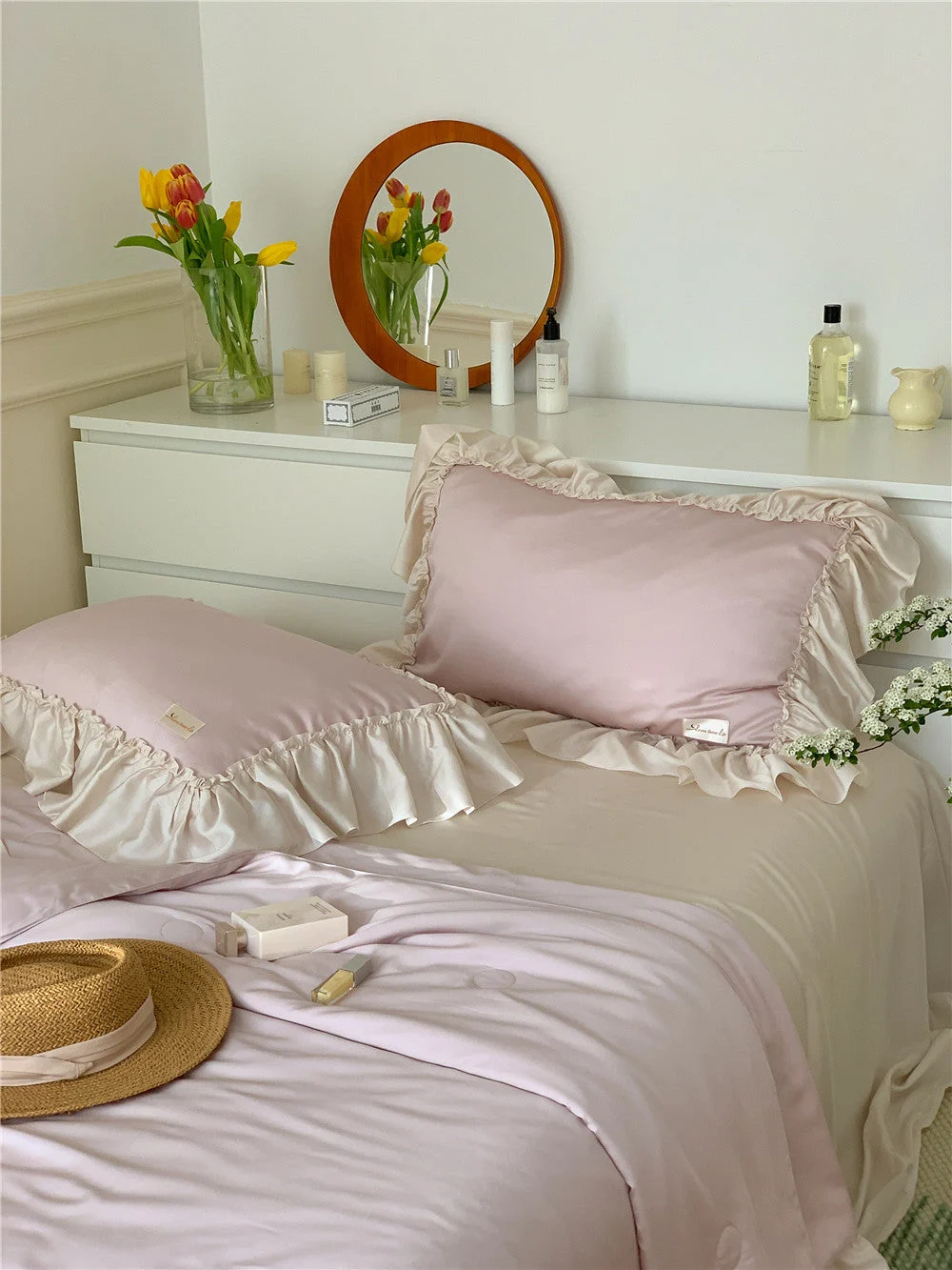 Elegant French Pink Silk Ruffle Bedding Set for Summer