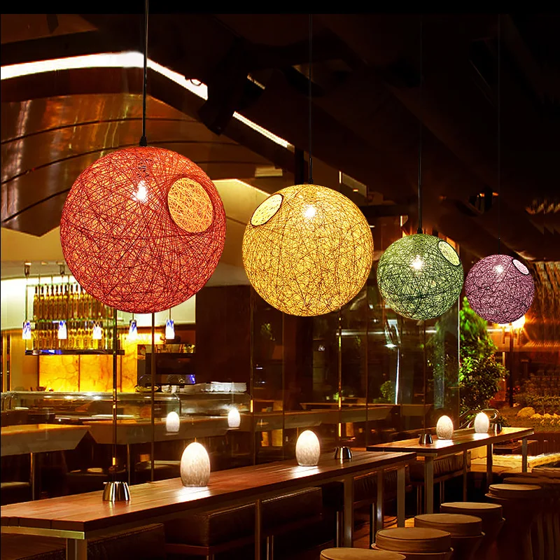 LED Pendant Lights Weaving Bamboo E27 Idyllic Rattan Hanging Lamps Colorful Lighting Dining Room Restaurant Linen Art Light