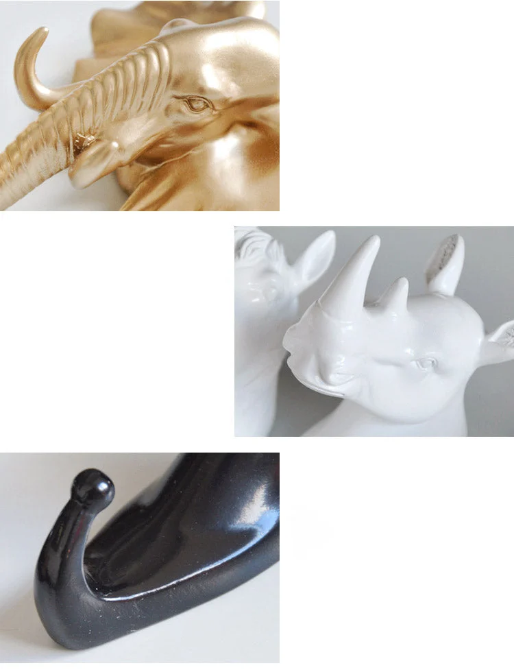 animal head wall hook gold black white