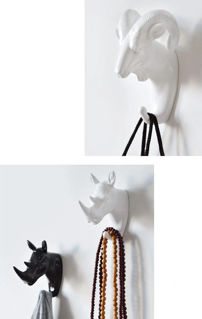 animal head wall hook gold black white