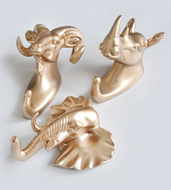 animal head wall hook gold black white