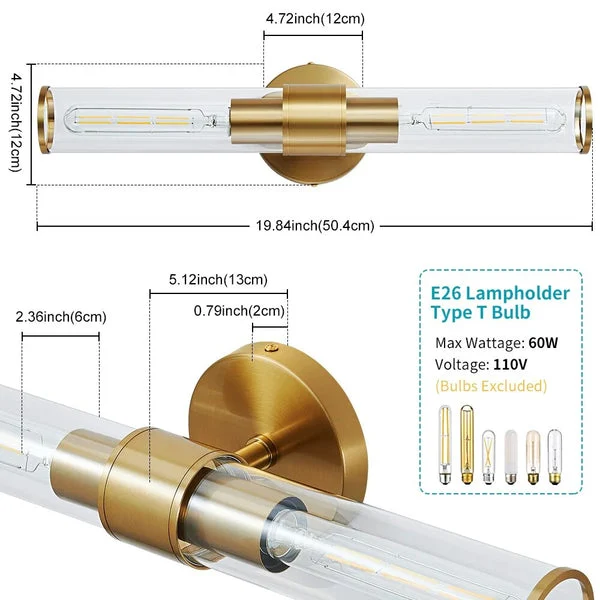 Homeko Two-Bulb Bathroom Vanity Light Dimensions