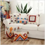 0 main housse de coussin en lin dore brode geometrique taie d39oreiller marocaine indienne a franges rectangle 45x45cm30x50cm