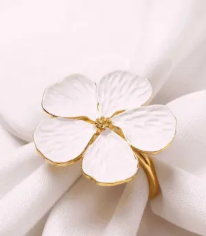 Set of 6 Gold & White Floral Metal Napkin Rings