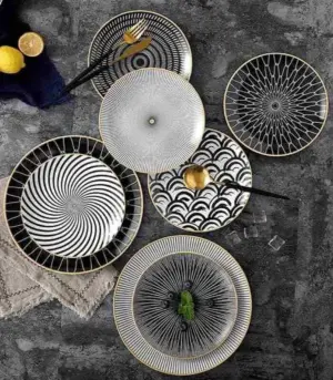 Set of 6  Dining Plates Black & White Porcelain 20cm