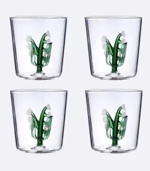 Set 4 Pcs Drinking Glass Lily Of The Valley Transparent Hand-Blown Glass 300ml