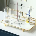 0 European Bathroom Desktop Storage Tray Marbling Ceramics Metal Storage Rack Toothbrush Toothpaste Holder Cosmetic Organize Tray