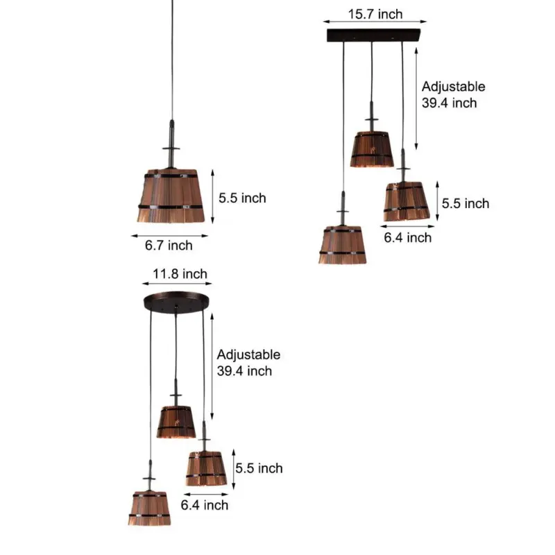 1 3 Light Rustic Wooden Bucket Shade Pendant Light for Cafe Bar tag1