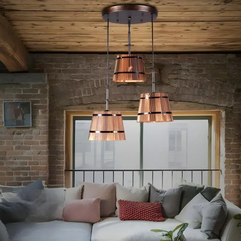 1 3 Light Rustic Wooden Bucket Shade Pendant Light for Cafe Bar tag1
