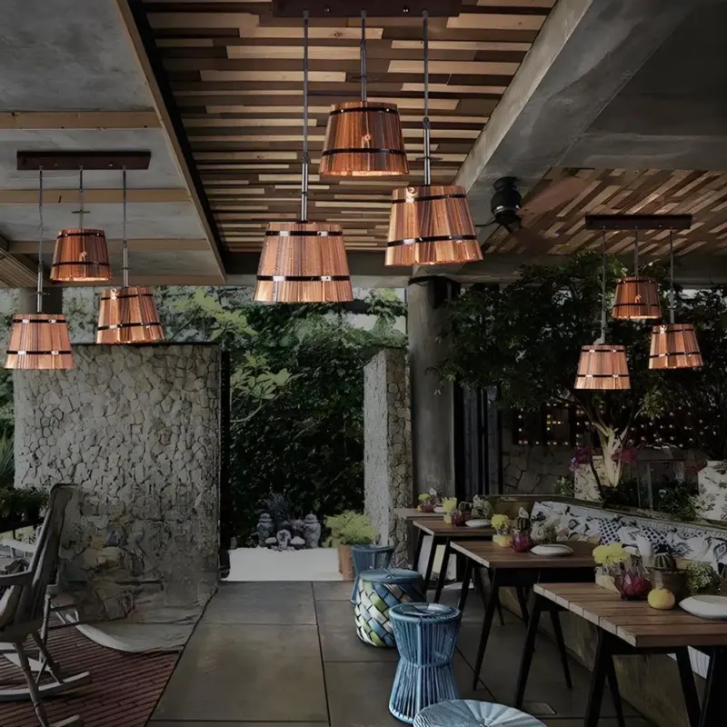 1 3 Light Rustic Wooden Bucket Shade Pendant Light for Cafe Bar tag1