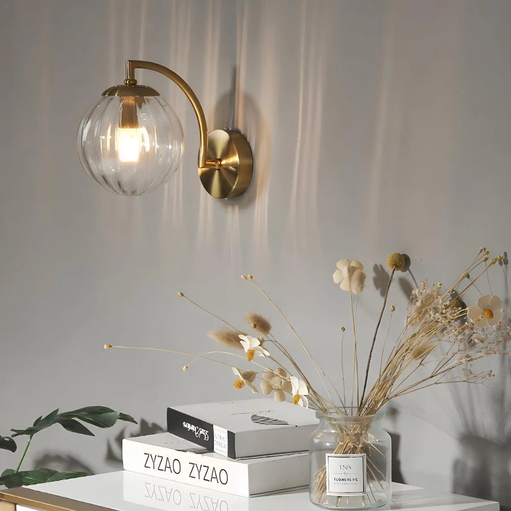 1-Light Curved Arm Wall Lamp with Spherical Ribbed Glass Shade -  - #tag1#