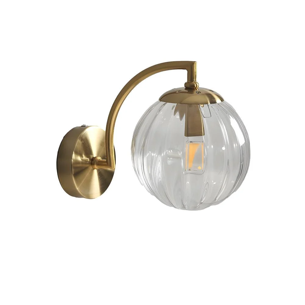 1-Light Curved Arm Wall Lamp with Spherical Ribbed Glass Shade -  - #tag1#