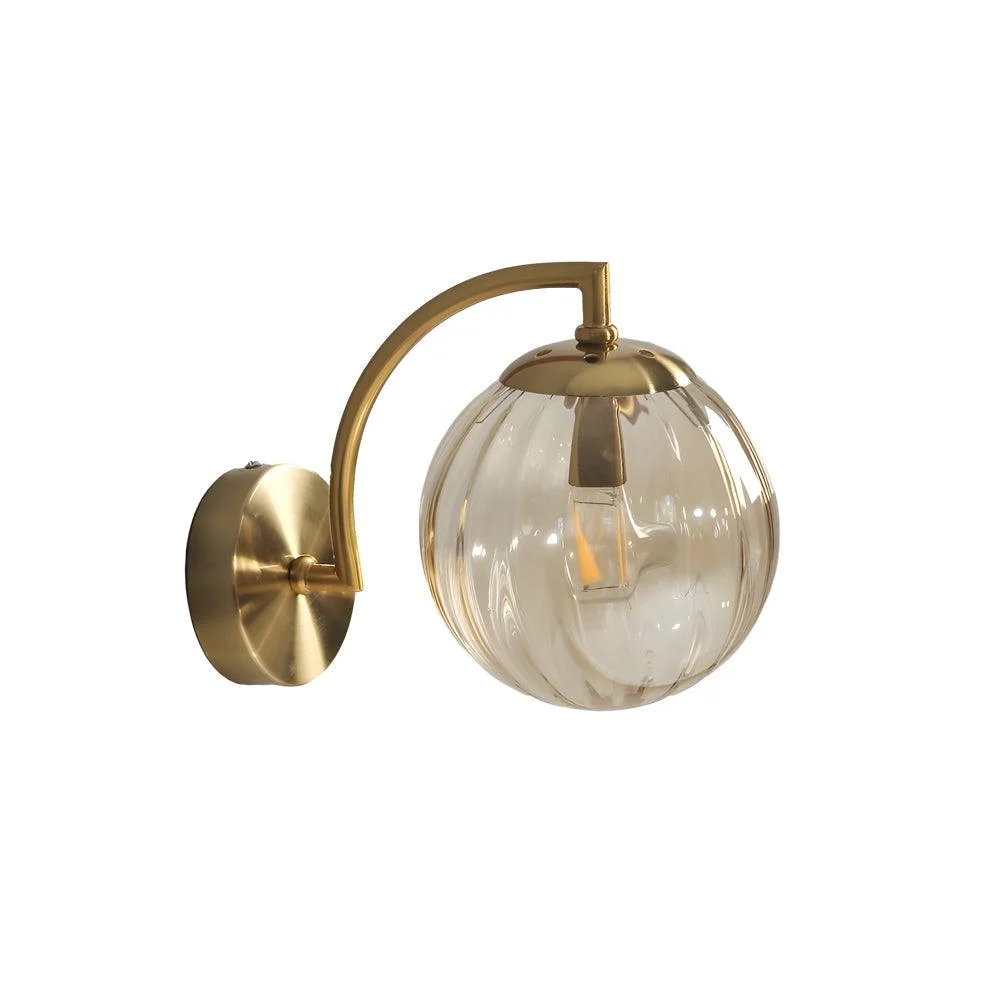 1-Light Curved Arm Wall Lamp with Spherical Ribbed Glass Shade -  - #tag1#