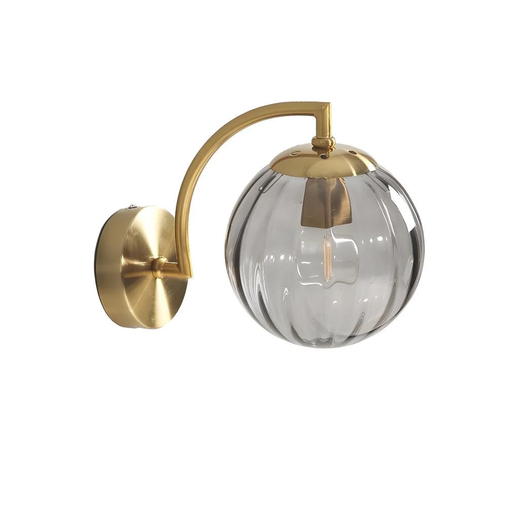 1-Light Curved Arm Wall Lamp with Spherical Ribbed Glass Shade -  - #tag1#