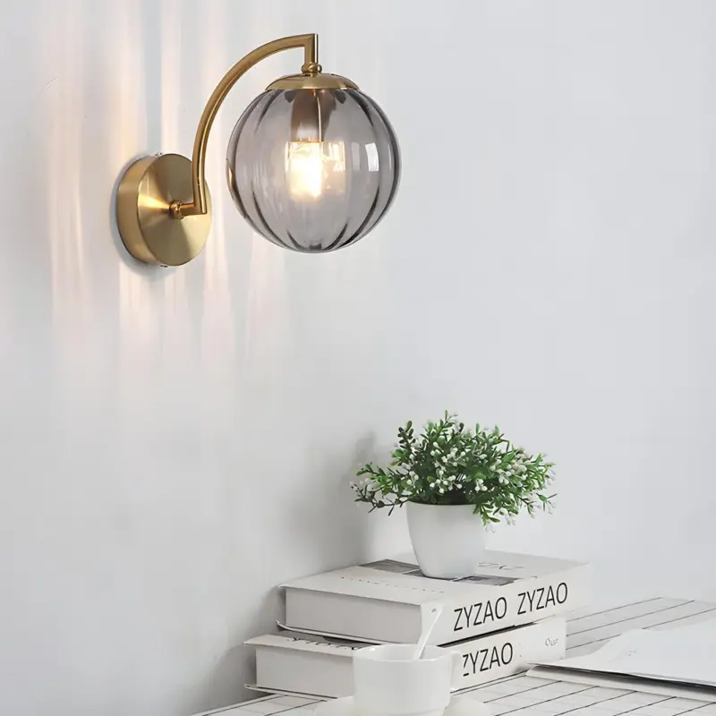 1 Light Curved Arm Wall Lamp with Spherical Ribbed Glass Shade tag1