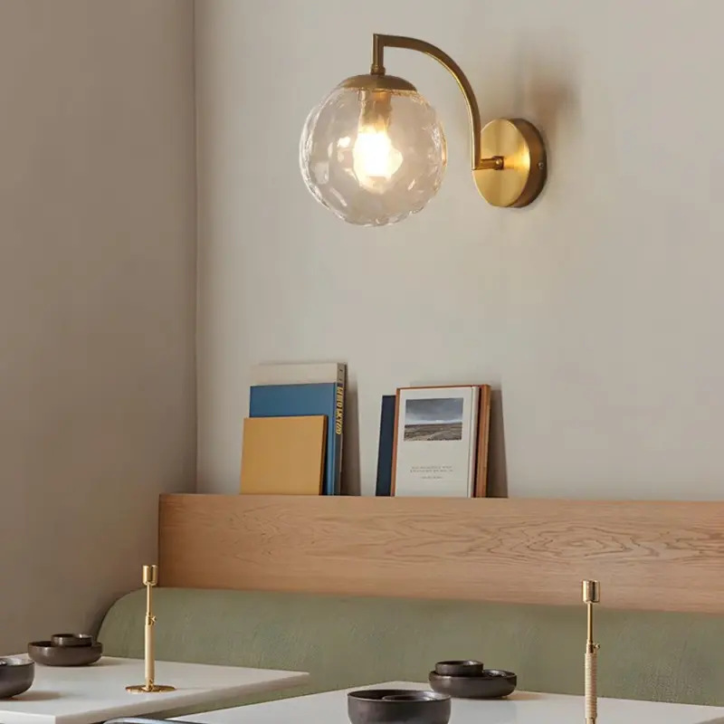 1 Light Curved Arm Wall Lamp with Spherical Ribbed Glass Shade tag1