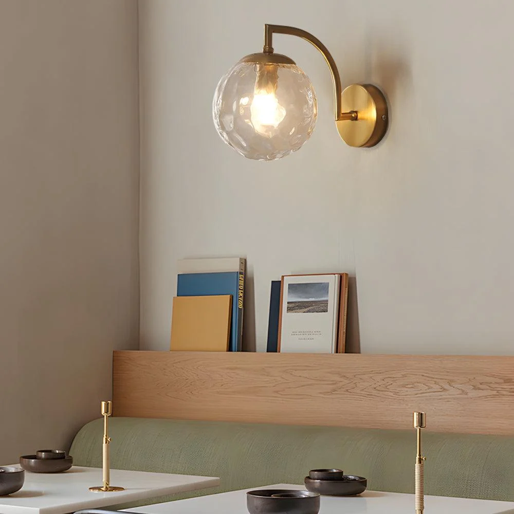 1-Light Curved Arm Wall Lamp with Spherical Ribbed Glass Shade -  - #tag1#