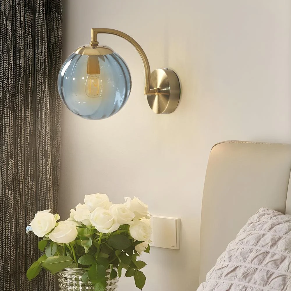 1-Light Curved Arm Wall Lamp with Spherical Ribbed Glass Shade -  - #tag1#