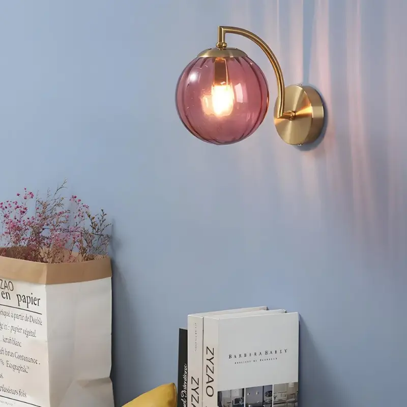 1 Light Curved Arm Wall Lamp with Spherical Ribbed Glass Shade tag1