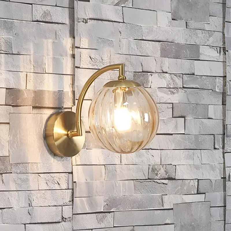 1 Light Curved Arm Wall Lamp with Spherical Ribbed Glass Shade tag1