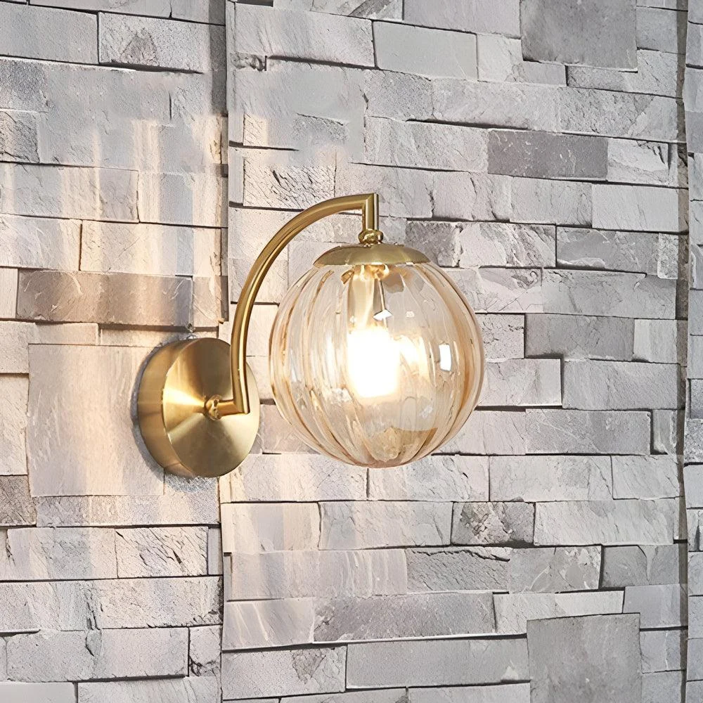 1-Light Curved Arm Wall Lamp with Spherical Ribbed Glass Shade -  - #tag1#