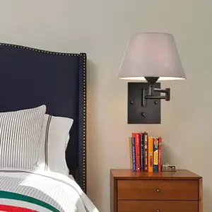 1-Light Plug-In Swivel Arm Wall Lamp with Linen Shade