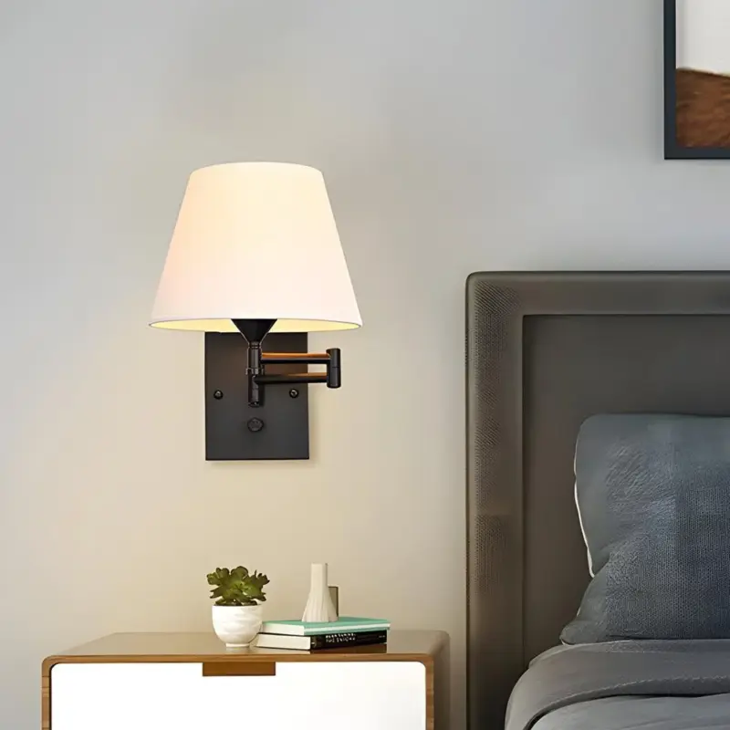 1 Light Plug In Swivel Arm Wall Lamp with Linen Shade tag1