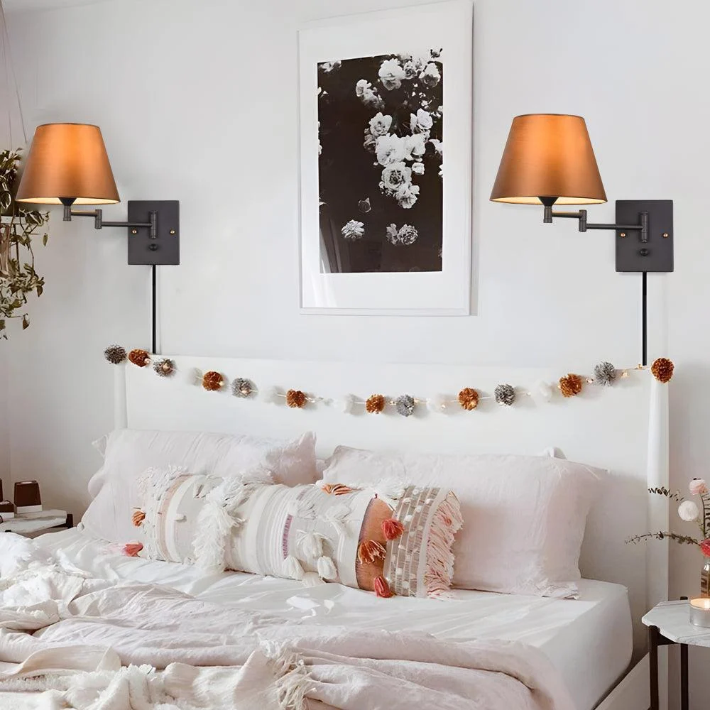 1-Light Plug-In Swivel Arm Wall Lamp with Linen Shade -  - #tag1#