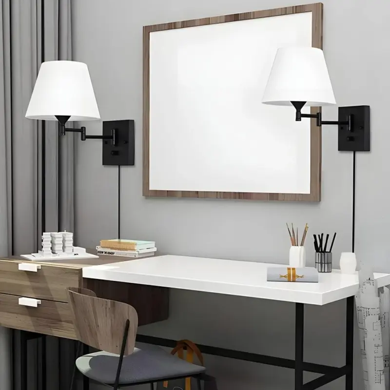 1 Light Plug In Swivel Arm Wall Lamp with Linen Shade tag1