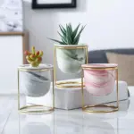 1 PC Nordic Style Marble Pattern Ceramics Golden Iron Art Vase Tabletop Flower Pot Home Wedding
