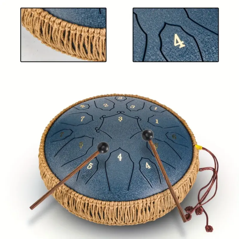 12 Inch 15 Note Steel Tongue Drum D Key Hotplate Percussion Instrument Cornices Shape Handbag Drum With Drum Mallets Carry Bag And Music Book tag1