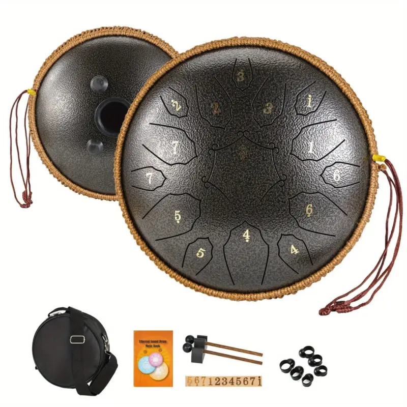 12 Inch 15 Note Steel Tongue Drum D Key Hotplate Percussion Instrument Cornices Shape Handbag Drum With Drum Mallets Carry Bag And Music Book tag1