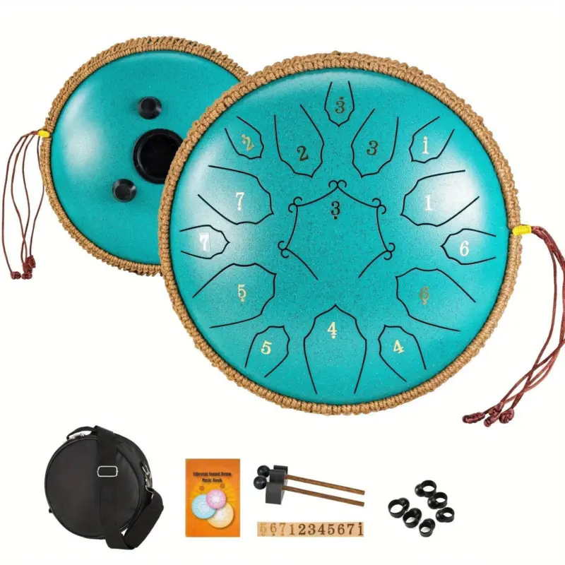 12 Inch 15 Note Steel Tongue Drum D Key Hotplate Percussion Instrument Cornices Shape Handbag Drum With Drum Mallets Carry Bag And Music Book tag1