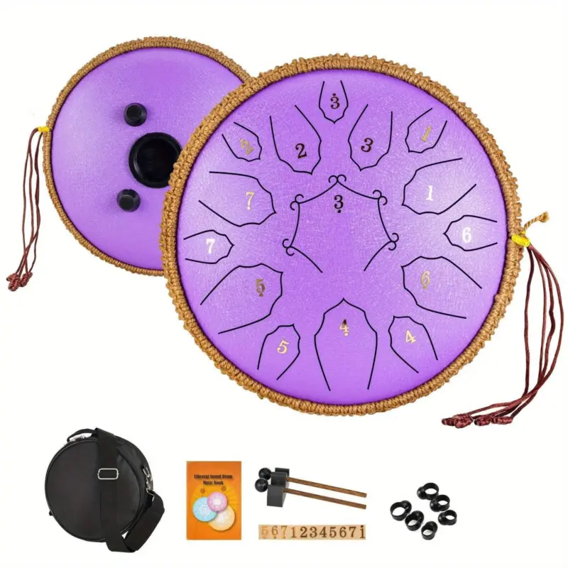 12 Inch 15 Note Steel Tongue Drum D Key Hotplate Percussion Instrument Cornices Shape Handbag Drum With Drum Mallets Carry Bag And Music Book tag1