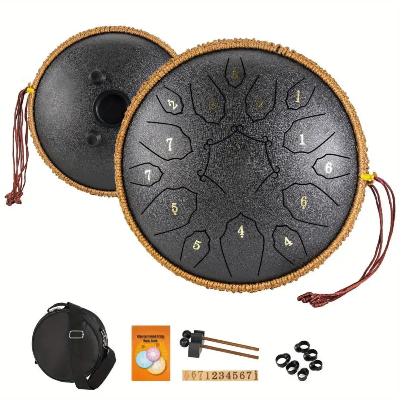12 Inch 15 Note Steel Tongue Drum D Key Hotplate Percussion Instrument Cornices Shape Handbag Drum With Drum Mallets Carry Bag And Music Book tag1