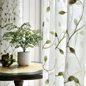 Zeva - Embroidered Leaves Semi-transparent Curtains with Eyelets, Green/White