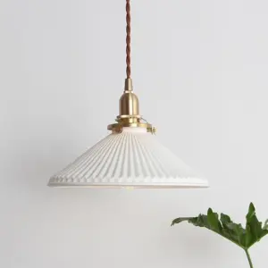 White Ceramic Pendant Lamp with Ribbed Shade