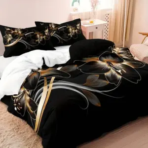 GlowGlam - Black & Gold Flower Printed Duvet Cover Bedding Set