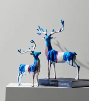 Set of 2 Reindeer Sculptures Blue & White Resin