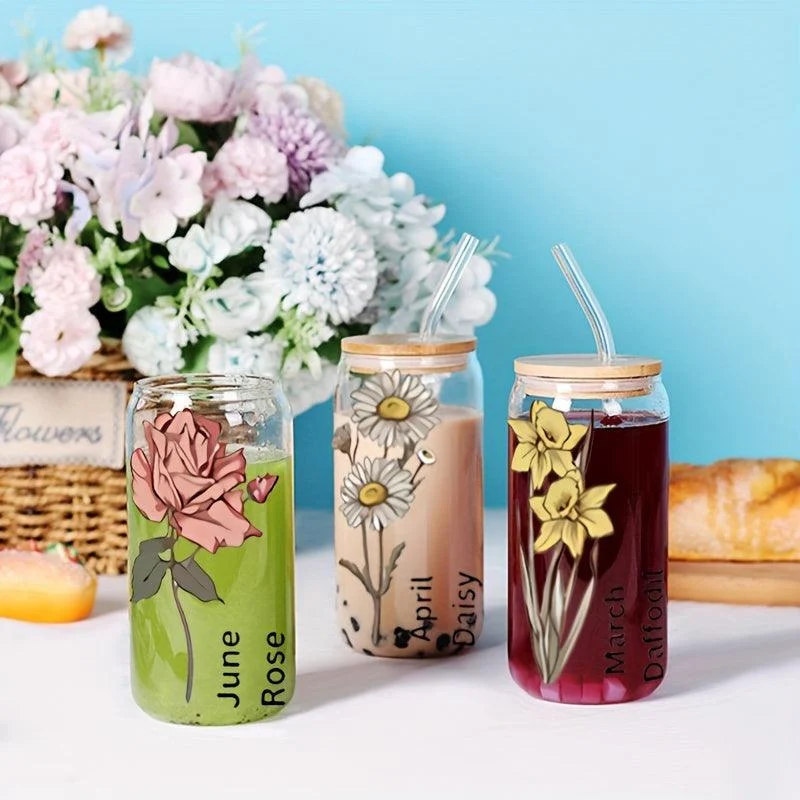1pc, DIY Personalized Birth Flower Coffee Cup, Birth Flower Glass Tumbler Suitable As Gift -  - #tag1#