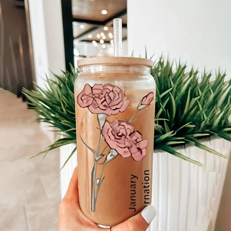 1pc, DIY Personalized Birth Flower Coffee Cup, Birth Flower Glass Tumbler Suitable As Gift -  - #tag1#