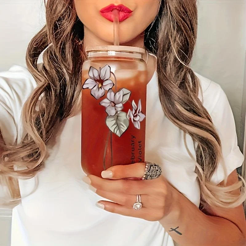 1pc, DIY Personalized Birth Flower Coffee Cup, Birth Flower Glass Tumbler Suitable As Gift -  - #tag1#