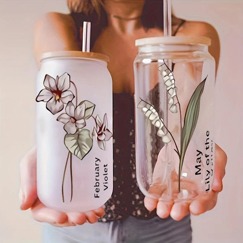 1pc, DIY Personalized Birth Flower Coffee Cup, Birth Flower Glass Tumbler Suitable As Gift -  - #tag1#