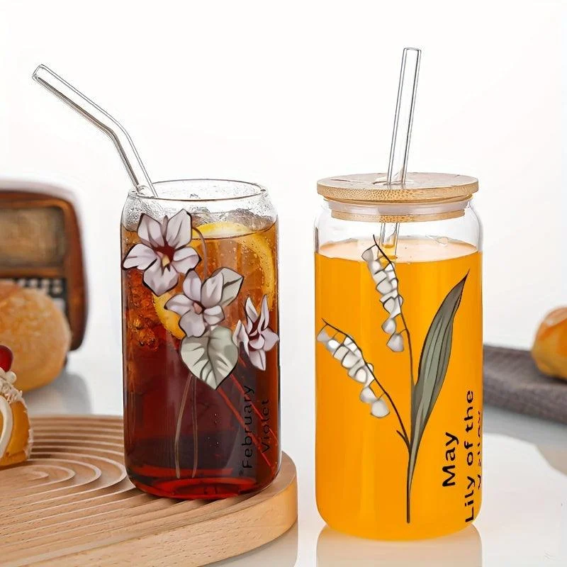 1pc, DIY Personalized Birth Flower Coffee Cup, Birth Flower Glass Tumbler Suitable As Gift -  - #tag1#