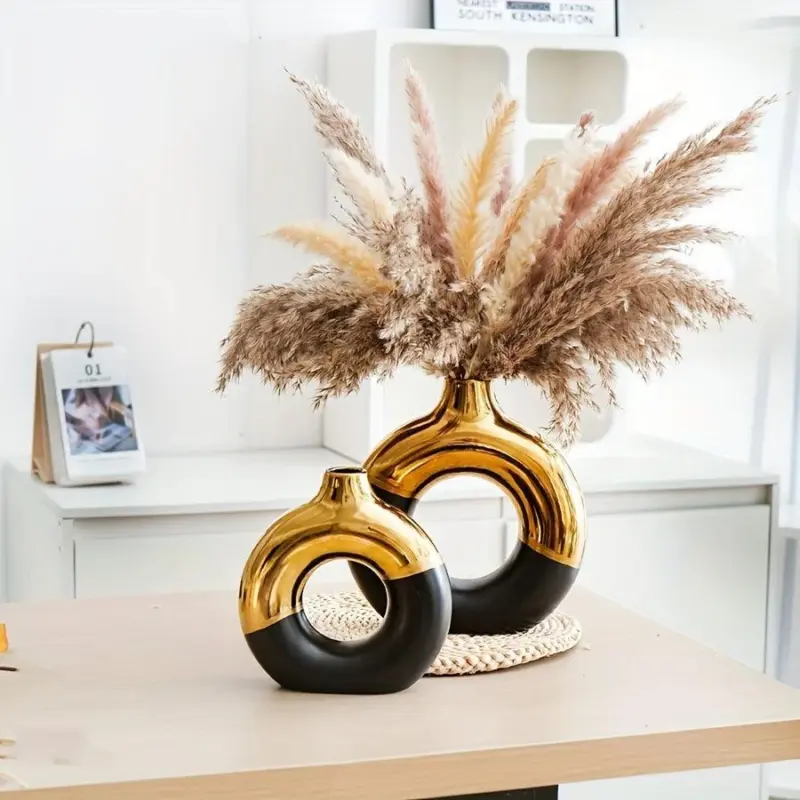 1pc Modern Round Electroplated Boho Ceramic Vase In Nordic Style For Dining Table tag1
