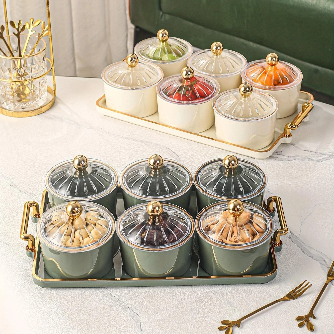 1pc, Nordic Dried Fruit Snack Plate - Clear Round Fruit Plate with Divided Grid and Lid Box - Iron Craft Tray with Six Cans -  - #tag1#